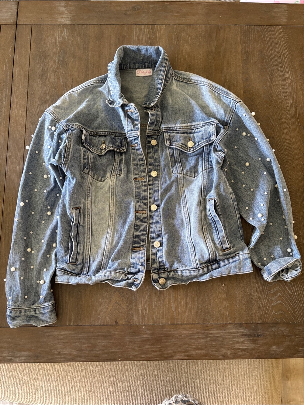 Pink Lily Light Wash Denim Jacket with Pearl Embellishments
